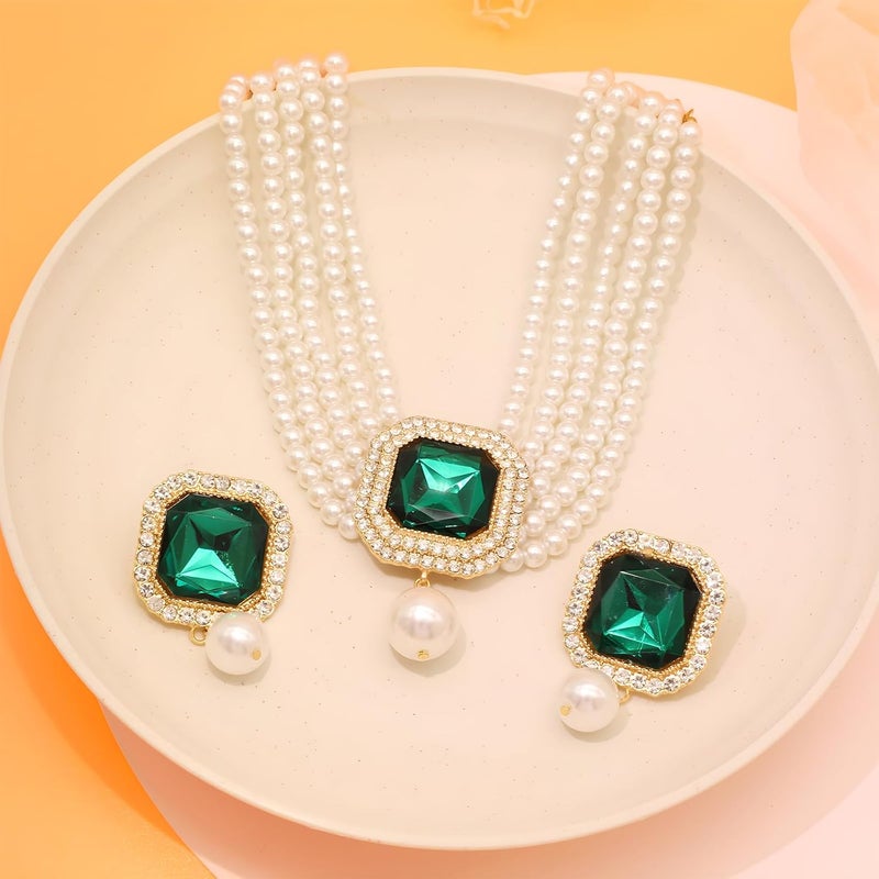 CIOOU Pearl Choker Necklace for Women Gold Crystal Rhinestone Pearl Collar Statement Necklaces Earrings Bridal Pearls Diamond jewelry Set for Wedding - Image 4
